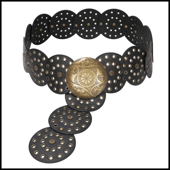 Western Disc Leather Belt Wide Hollow Design Adjustable Boho Retro Cowgirl Style